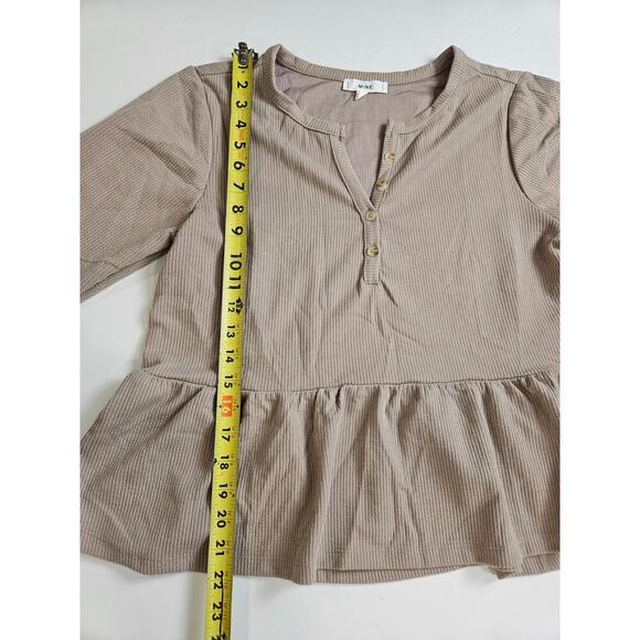 MINE Peplum Tan Medium Womens Top Long Sleeve Ribbed - Picture 2 of 6